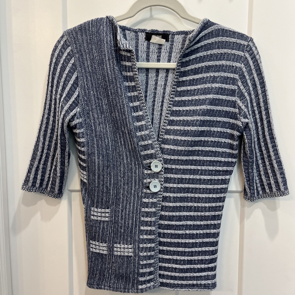 Belamie Cardigan Women's Size S Blue Striped Button Front Stretch Knit Sweater